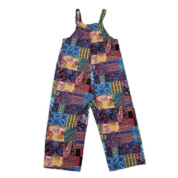 Camsa Bright Boho Oversized Patchwork Color Block Hippy Cropped Overalls, Sz. M - Picture 3 of 12